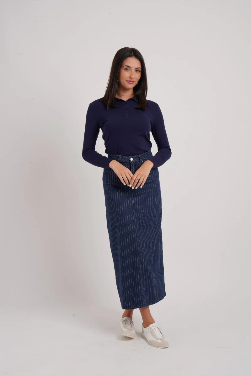 Pinstripe Denim Skirt Dark Blue - Image 2