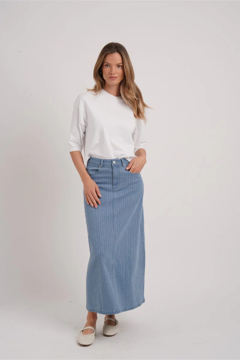 Pinstripe Denim Skirt Dark Blue - Image 4